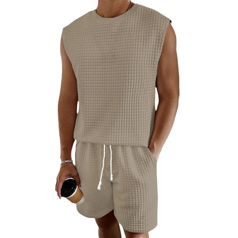 Männer Kurze Sets Casual Oansatz Ärmellose Waffel Westen Tops & Hohe Elastische Taille Kordelzug Breite Bein kurze Anzüge CBFS-2447